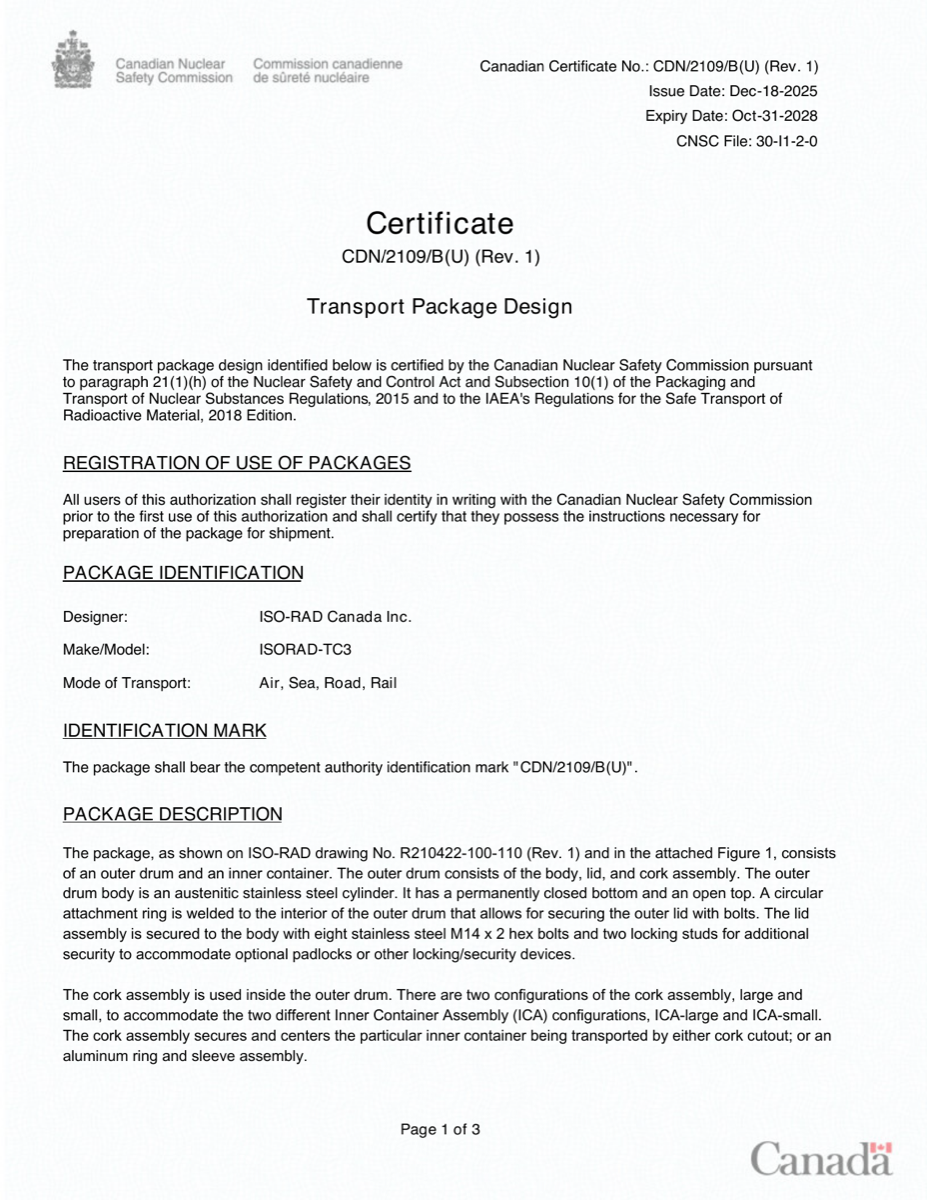 Preview of CNSC Transport Package Design Certificate CDN/2109/B(U) Rev. 1 for ISORAD-TC3